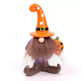   Polirezin orrszakáll álló Halloween tökkel, narancssárga sapkában lila ruhában 13 cm