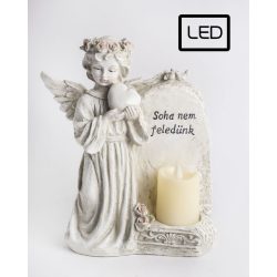   Polirezin LED gyertya angyal szívvel, Soha nem feledünk felirat 21,5x25 cm