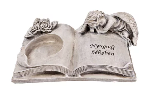 Polirezin mécsestartó könyvön pihenő angyallal 23 x 14 cm – „Nyugodj békében”