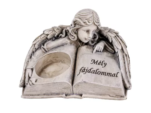 Polirezin mécsestartó könyvön fekvő angyallal 15,5 cm – „Mély fájdalommal” kegyeleti dísz