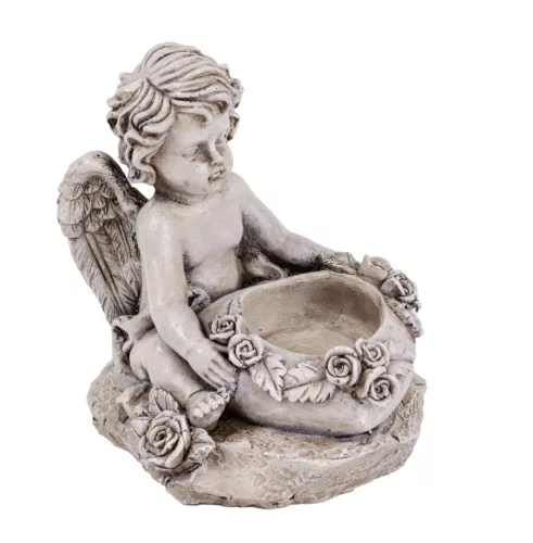 Polirezin mécsestartó szívet tartó angyallal 12 x 12 cm – kegyeleti angyal figura
