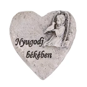   Polirezin kegyeleti szív angyal figurával 8 x 8 cm – „Nyugodj békében” emlékdísz