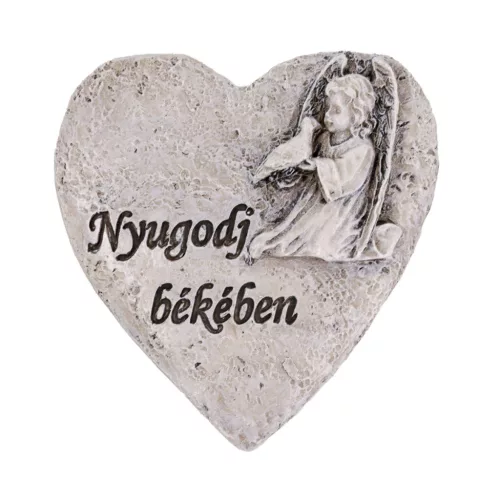 Polirezin kegyeleti szív angyal figurával 8 x 8 cm – „Nyugodj békében” emlékdísz