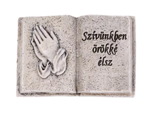Imádkozó kézzel díszített kegyeleti emlékkönyv „Szívünkben örökké élsz” felirattal – szürke, 9,5×6,5 cm