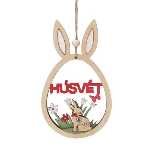 Akasztós nyuszifej  fából színes Húsvét felirattal 9x15cm