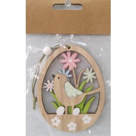 Fa akasztós tojásban madár virággal 7,5x9cm