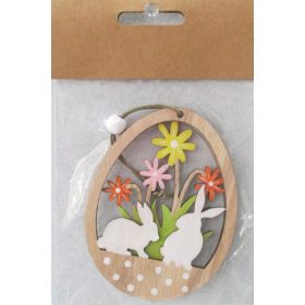 Fa akasztós tojásban nyuszi virággal 7,5x9cm