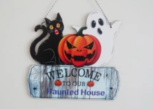 Fa kopogtató Helloween tök-macska 25x24cm