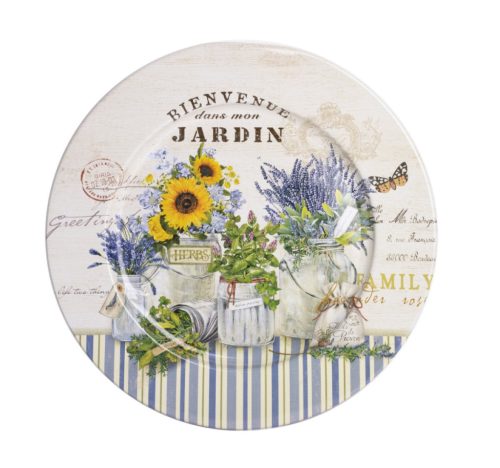 Fém lapos tányér Herbs Garden mintával, vintage stílusban 33cm