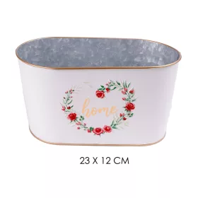   Bádog kaspó, ovális alalú rózsa mintás home felirattal, fehér 23x12 cm