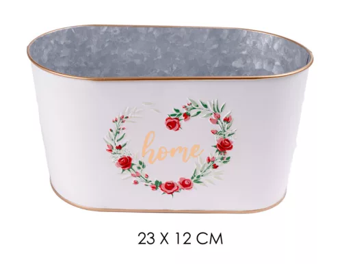 Bádog kaspó, ovális alalú rózsa mintás home felirattal, fehér 23x12 cm