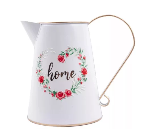 Bádog kiöntő rózsa mintás home felirattal, fehér 19x16,5 cm