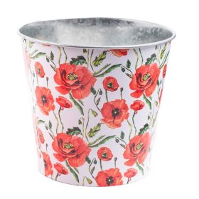 Bádog kaspó piros pipacs mintás, fehér közepes