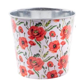 Bádog kaspó piros pipacs mintás, fehér nagy