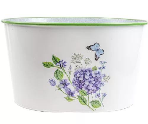 Bádog kaspó ovál lila hortenzia mintás fehér 38,5 cm