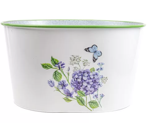 Bádog kaspó ovál lila hortenzia mintás fehér 34 cm