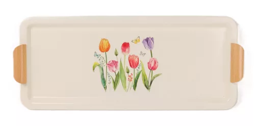 Tulipán mintás téglalap fém tálca 55,5x23 cm