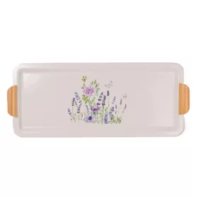Lila virágmintás téglalap fém tálca 55,5 cm