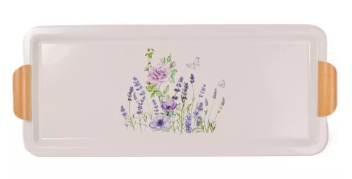 Lila virágmintás téglalap fém tálca 55,5 cm