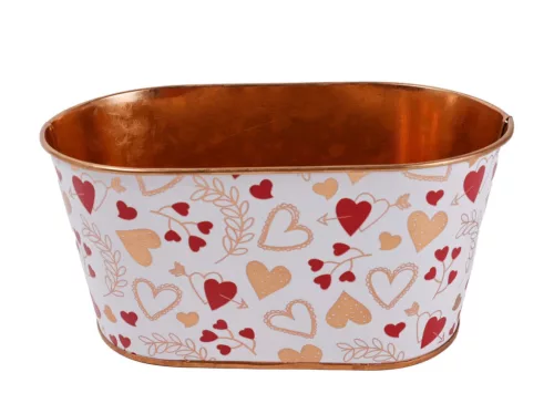 Szívmintás ovális fém kaspó rosegold szegéllyel, 19,5 cm