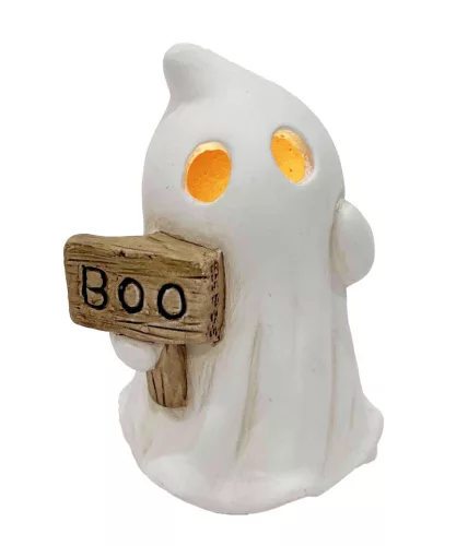 LED-es Halloween szellem figura „Boo” táblával, 10 x 8 x 14 cm