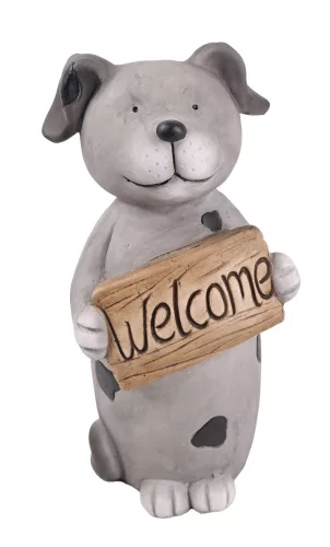Kültéri szürke kutya figura Welcome táblával 32,8 cm