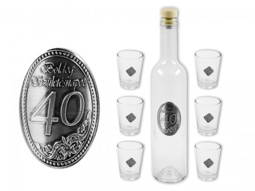 Palack + 6db pálinkás pohár fémcímkés Boldog 40. Születésnapot 