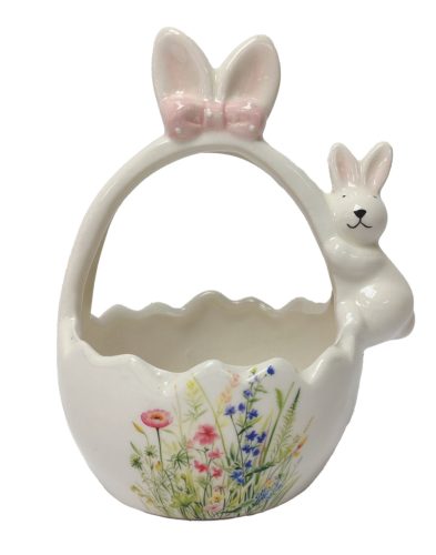Kerámia húsvéti kosár nyúl figurával és virágmintával 14,2 cm