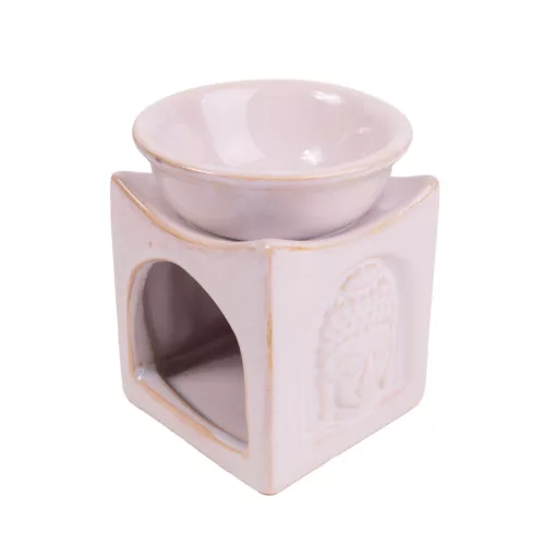 Kerámia olajmécses téglalap alakú Buddha fejjel, fehér 10,5 cm