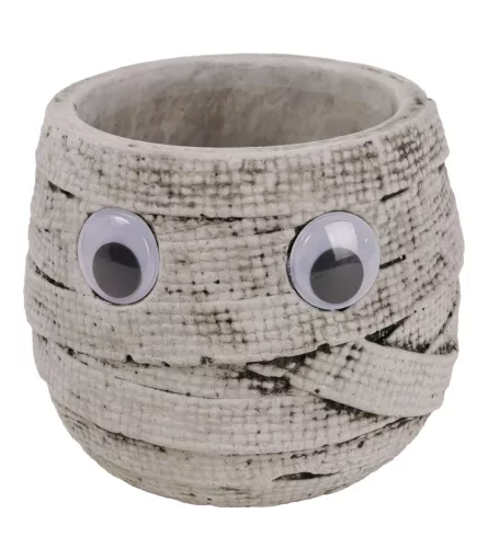 Halloween beton kaspó múmia mintával és mozgó szemekkel 12,5 cm – szürke