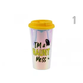 Halloween utazó pohár gyöngyház  450ml sárga  tetős