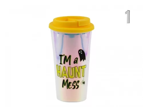 Halloween utazó pohár gyöngyház  450ml sárga  tetős