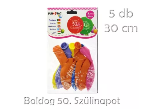 Lufi Boldog 50. Szülinapot színes 5db 30cm