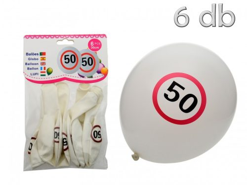 Latex lufi fehér 50-es szülinapos, 30 cm  6db /cs. 
