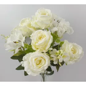  Élethű selyem 12 ágú rózsa és hortenzia csokor krém 52cm