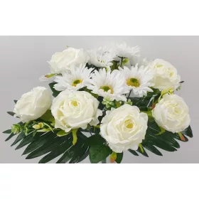   Élethű  selyem 18 ágú gerbera és rózsa csokor krém 44cm