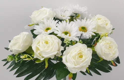 Élethű  selyem 18 ágú gerbera és rózsa csokor krém 44cm