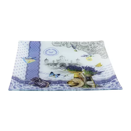 Üveg kínálótál szögletes levendula mintás 30x30cm
