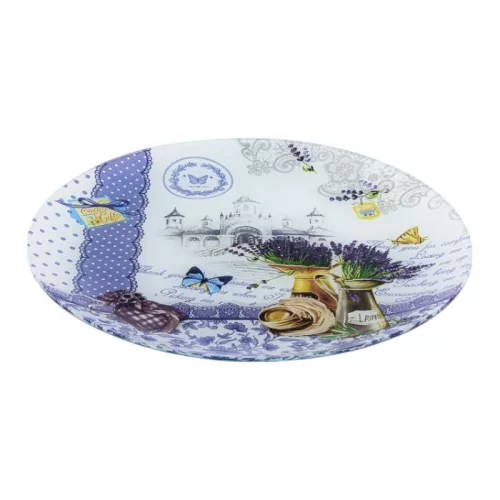 Üveg kínálótál kerek levendula mintás 30cm