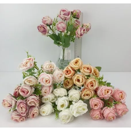 Élethű selyem 5 ágú rózsacsokor vegyes színekben/db választható 29cm