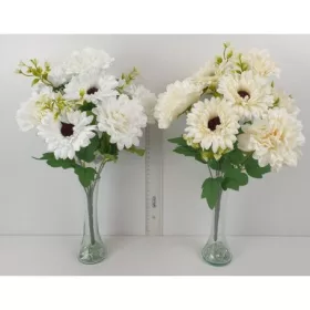   Élethű selyem 9 ágú dália és gerbera csokor fehér/krém 44cm