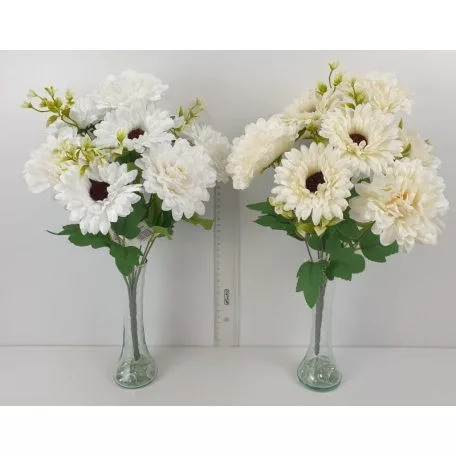Élethű selyem 9 ágú dália és gerbera csokor fehér/krém 44cm