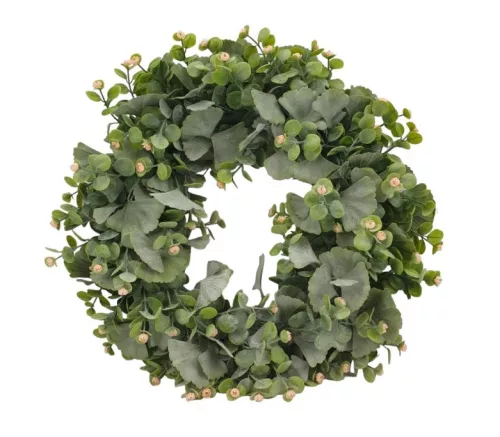 Pozsgás koszorú ginkgo levéllel, eukaliptusszal és apró barack színű virággal 47 cm