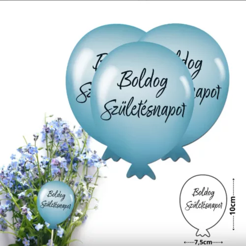 Nyomtatott dekorkarton - Boldog születésnapot lufi - pasztell kék 10x7,5 cm/db