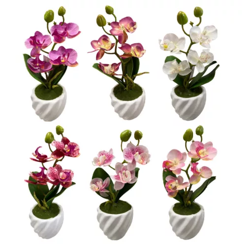 Cserepes selyem orchidea gumi levéllel 20cm, választható/db