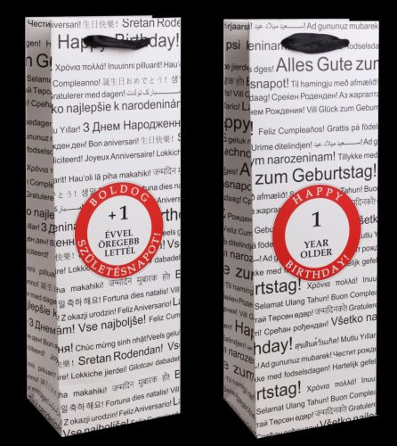 Ajándék tasak boros 12x36 cm "+1 évvel öregebb lettél"