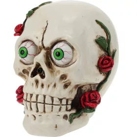 Halloween koponya piros rózsákkal és zöld szemekkel 15cm
