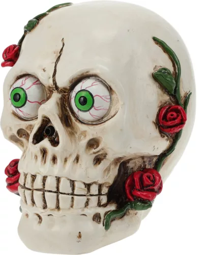 Halloween koponya piros rózsákkal és zöld szemekkel 15cm
