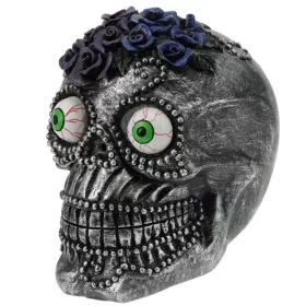   Halloween ezüst koponya lila rózsákkal és zöld szemekkel 15cm