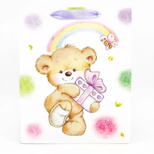 Ajándék tasak  glitteres maci + ajándék 26x32cm